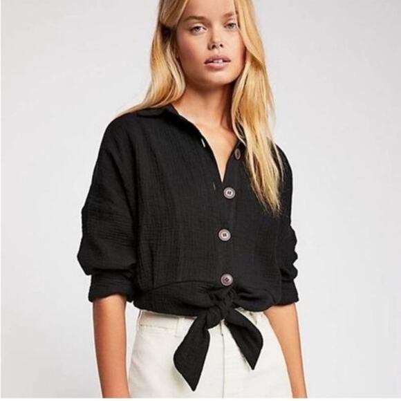 Free People Sunstreaks Tie Front Button Down Long Sleeve Blouse Size Medium - Picture 1 of 11